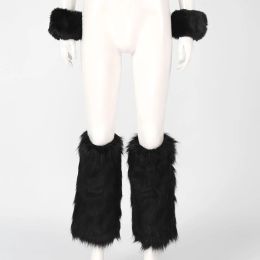 Winter Furry Boot Covers Faux Fur Leg Warmers with Cuffs Womens Girls White Black Y2K Harajuku Gothic Lolita Cosplay Stockings