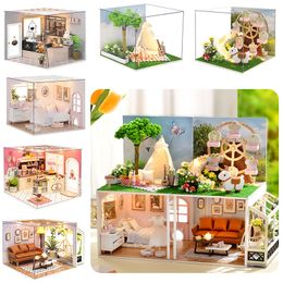 DIY Wooden Building Model Toy Handmade Assembled Doll House Toys Battery Powered Miniature Landscape Room Kit for Birthday Gifts