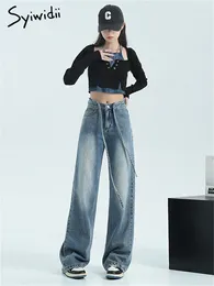 Women's Jeans Syiwidii Baggy Wide Leg Women Autumn And Winter 2024 Lace Up Casual Straight Vintage Streetwear Korean Fashion Pants