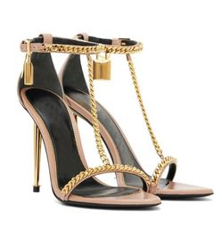 Famous Summer Padlock Sandals Shoes Women T-Strap Curb-chain Gold Metal Gold Black Pink Stiletto Heel Party Wedding Lady Sexy Gladiator Sandalias EU35-43 new