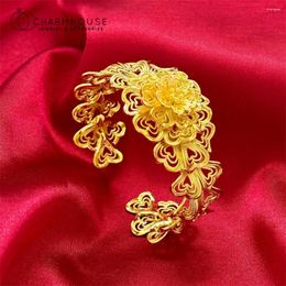 Bangle Yellow Gold Plated Big Wide Flower Cuff Bracelets For Women Wristband Pulsera Femme Wedding Bridal Jewelry Accessories