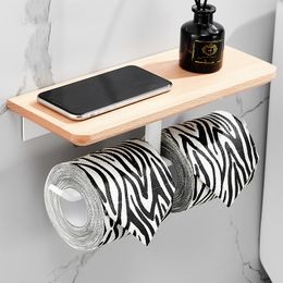 White Double Wooden Paper Holder with Phone Shelf WC Paper Towel Storage Tissue Roll Rack for Kitchen Toilet Bathroom