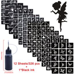 326pcs 10ml Ink + 12 Sheets Small Airbrush Tattoo Stencils For Women Kids Drawing Template Henna Tattoo Stencil for Party