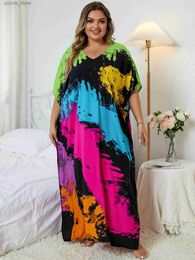 Basic Casual Dresses Oversize Bathing Suit Cover up For Women Batwing Sleeve Kaftan Long Dress 2024 Summer Casual Plus Size Women Clothing Q1342 L49