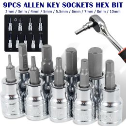 9Pcs Hex Bit Socket Set Sturdy Allen Key Sockets 3/8inch Drive Drill Metric Tools Kit Durable Impact Socket Set Size 2mm-10mm