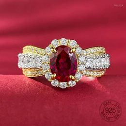 Cluster Rings 925 Sterling Silver Mirco CZ Jewelry 6x8mm Oval Shape Red Ruby Cubic Zircon Finger Ring For Women