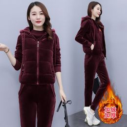 3pcs Winter Thick Velour Women Sport Suit Tracksuit Warm Loose Jacket Coat+shirt+pant Running Jogging Outfit Casual Athletic Set