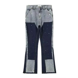 High street washed distressed patchwork logging jeans for mens fashion trend splashing ink printed wide leg pants