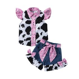 Toddler Girls Clothing Fly Sleeve Cow Prints Tops Bowknot Denim Shorts Two Piece OutfitsFor Kids Baby Clothes 1 2 3 4 5 6 Years