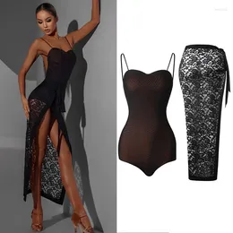 Stage Wear 2024 Latin Dance Dress Women Performance Costume Black Tops Lace Skirt Rumba Tango Ballroom Practise Clothes DNV18005