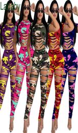 Women Tracksuits Two Pieces Set Designer Clothes Sexy Hole Camouflage Leisure Short Sleeve Pants Sports Suit Ladies Outfits 5 Colo3143865