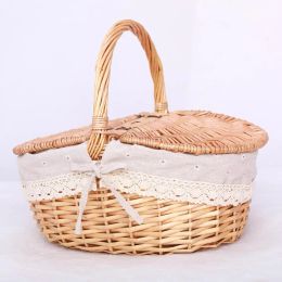 Handmade Wicker Basket With Handle Picnic Food Basket With Lid Hand-Woven Multi-Purpose Wicker Tray Desktop Decor Storage Box