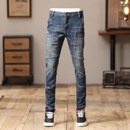 Men's Jeans High Street Fashion Men Retro Blue Stretch Skinny Fit Ripped Spliced Designer Hip Hop Denim Biker Pants Hombre