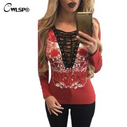 Whole CWLSP T shirt Women V Neck long sleeve tshirt ROCK N ROLL Hollow Out Lace Up Tshirts for women plus size korean fashio5315401