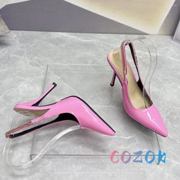 Dress Shoes Sexy Pink Patent Leather Metal Chain Back Trip Strap High-heel Sandals Pointed Toe Brand Summer Large-size Women