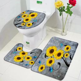 Bath Mats Floral Mat Set Yellow Sunflower Blue Butterfly Rustic Flowers Carpet Flannel Bathroom Decorative Floor Rug Toilet Lid Cover