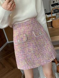 SMTHMA New Autumn And Winter Small Fragrant Bright Silk Bead Skirt Women's High Waist Woolen A-Line Tweed Short Skirt