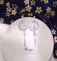 Thaya 925 Sterling Silver Earring Dangle Crescent Bamboo leaves Japanese Style For Women Fine Jewelry 2106169701458