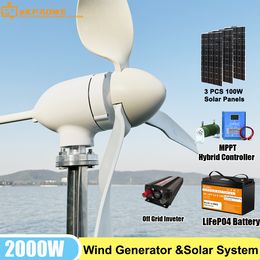 Free Energy 2000W 48V Volt Horizontal Wind Turbines Wind Generator Power Windmil With MPPT Controllerl Inverter Solar Panels