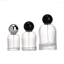 Storage Bottles 30ml 50ml 100ml Refillable Atomizer Crimp Pump Black Silver Ball Shape Lid Empty Clear Glass Perfume Spray Bottle 5pcs