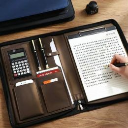 Padfolio PU Leather Portafolio A4 Document Case Zipper Business Padfolio Leather Folder Binder A4 Portfolio Case With Calculator