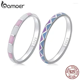 Cluster Rings BAMOER 925 Sterling Silver Simple Cheque Ring For Women Light Pink & White Colour Fine Jewellery Party Gift