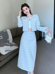 Autumn Winter Women Houndstooth Two Piece Set Single-Breasted Tweed Cropped Top Jacket Coat+High Waist Long Skirt Suit