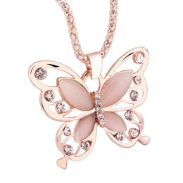 18K Rose Gold Plated Sweater Chain Necklaces Lucky Crystal Butterfly Pendant with Long Chain Fashion Cat Eye Stone Hollow Animal Necklace LL