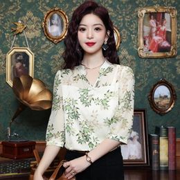 Women's Blouses 2024 Chiffon Summer Blouse Casual Fashion Simplicity Tops Patchwork Printing Three-quarter Sleeve V-neck Shirt