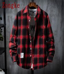 Zongke Casual Shirts For Men Clothing Fashion Long Sleeve Plaid Harajuku Checkered M3XL 2203216892369