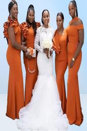 2022 Burnt Orange Mermaid Bridesmaid Dresses Long Black Girl Bridesmaid Dress Ruffles Elastic Satin Wedding Party Plus Size Maid O1475924