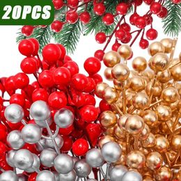 Decorative Flowers 20/1Pcs Christmas Red Berries Simulation Foam Berry Flower Branch Fake Plant DIY Wreath Xmas Tree Ornament Home