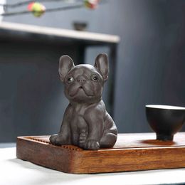 Yixing Boutique Purple Clay Tea Pet French Bulldog Figurine Household Ornaments Handmade Sculpture Craft Ceremony Decoration 240411