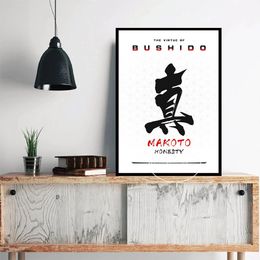 Japanese Samurai 7 Virtues of Bushido Poster Quotes Japan Kanji Samurai Wall Art Canvas Print Picture for Living Room Home Decor