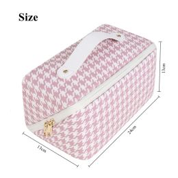 Houndstooth Cosmetic Storage Bag Women Travel Leather Waterproof Makeup Organiser Toiletries Cube Bag Pouch Accessories Supplies