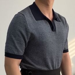 Khaki British Men's T Shirt Contrast Stitching Casual Slim Lapel Polo Summer Knit Lapel T-shirt Polo Camisa Hombre Mannen Polo