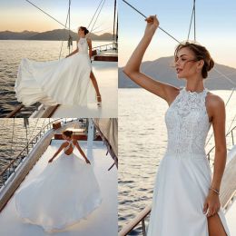 Eddy K 2024 Wedding Dresses Jewel Sleeveless Lace Appliques Satin Dreams Bridal Gowns Sexy High Side Split Sweep Train A Line Wedding Dress