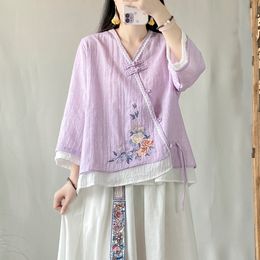 Chinese Style Tea Service Shirt Embroidered Cardigan Tang Suit Hanfu Female Summer Blouse Retro Traditional Cheongsam Top 31819