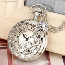 Pocket Watches Silver Wheel Reel Hollow Gears Design Necklace Quartz Pocket Sweater Chain Stars Pendant FOB Clock with Gear Accessory Y240410