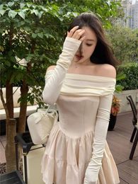 Party Dresses Colour Fashion Solid One Line Collar Off The Shoulder Long Sleeved Dress For Women Autumn 2024 Western-style Waist 7AHO