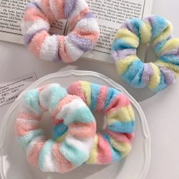 New 4pcs/pack Girls Fluffy Striped Rainbow Hair Band Soft Towel Hair Scrunchies Women Children Sweet Hair Rope Elastic Head Band