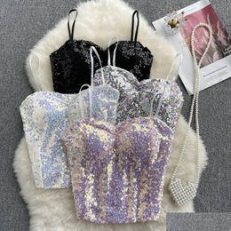 Outdoor T-Shirts Summer Design Sense Crystal Sequin Top Short Halter Y Beads Tassels Decorated Camisole For Women Strap Vest Tank Drop Otjax