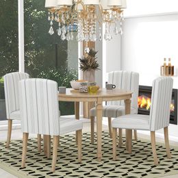 Modern 5-Piece Dining Table Set, Round Table with Solid Wood legs and 4 Upholstered Chairs with Striped Fabric for Dining Room