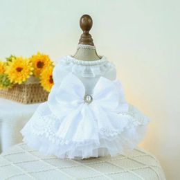 Dog Apparel Button Elegant Lace Pet Wedding Dress For Small Medium Dogs Princess With Pearl Bow Design Breathable Spring