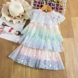 Girl's Dresses Summer Kids Girls Rainbow Dress Little Girls Princess Star Sequin Layer Party Dresses Tulle 3-8T Girl Casual Daily Wear Vestidos