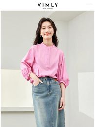 Women's Blouses Vimly Cotton Pink Blouse For Women 2024 French Style Elegant Spring Summer Simple Shirt Three Quarter Sleeve Tops M6135