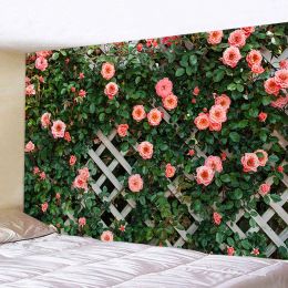 Spring Flowers Wood Fence Tapestry Nature Pink Plant Flower Garden Window Tapestry Wall Hanging Decor for Bedroom Living Room