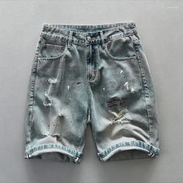 Men's Jeans Vintage Washed Denim Shorts For Men 2024 Summer Casual Ripped Hole Painting Half Youth Male American Loose Knee Pants