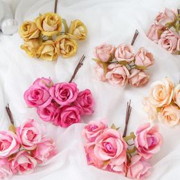 Decorative Flowers 6Pcs Artificial Wedding Mini Bouquet Wreath Scrapbooking For Home Bedrooms Decor Diy Holiday Accessories Silk Tea Rose