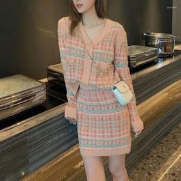 Work Dresses 2024 Spring And Autumn Fashion Small Style Spliced V-neck Button Printed Sweater Long Sleeve Knitted Cardigan Two Piece Suit